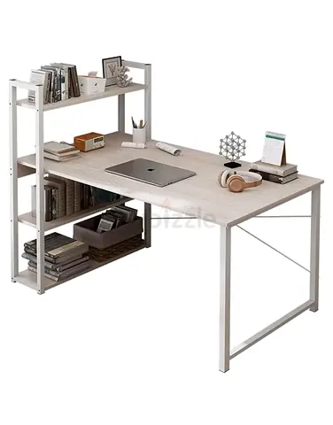 L-shaped Computer Desk with Built-in Shelves - White Oak Finish