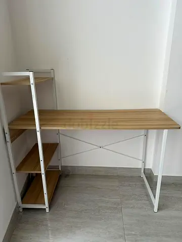 Compact wooden study desk with built-in shelving