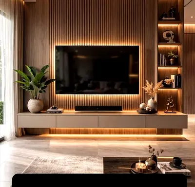 Modern Wood-Slat Media Wall
