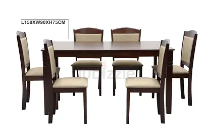 Solid Wood 6-Seater Dining Table with Upholstered Chairs - Dark Brown
