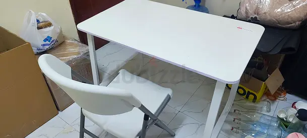 White Compact Study/Work Table with Folding Chair - Good Condition