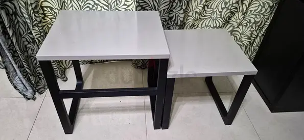 Set of Ikea 2 Modern Nesting Side Tables - White Tops with Black Legs