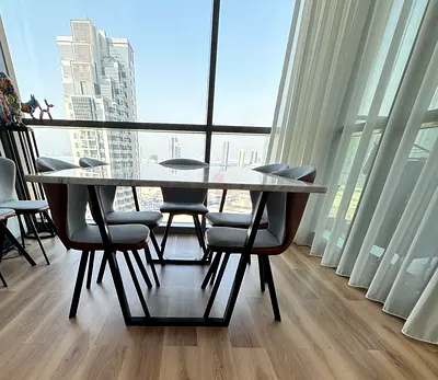 Modern 8Seater Dining Table with Marble Top and Upholstered Chairs