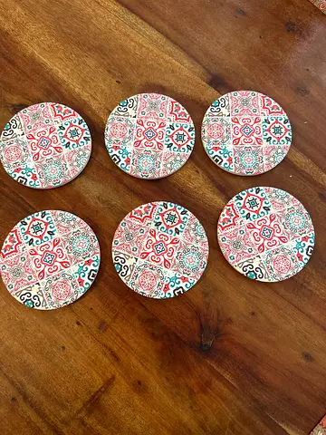 Set of 6 Patterned Ceramic Coasters — Red/Teal Tile Design