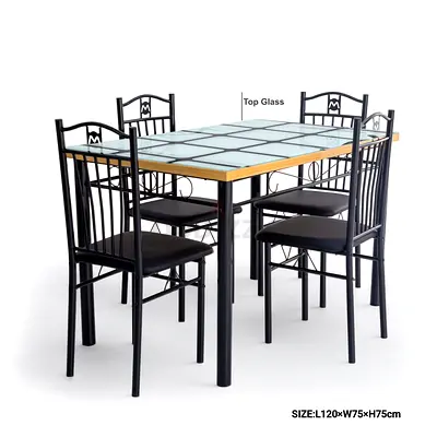 Glass Top Dining Table with 4 Metal Chairs - L120 x W75 x H75 cm