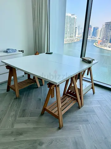 White Desk with Wooden Trestle Legs- IKEA