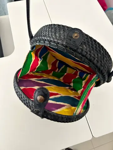 Round Woven Straw Crossbody Bag with Colorful Lining