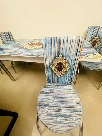 Dining table with 3 upholstered chairs - light blue patterned