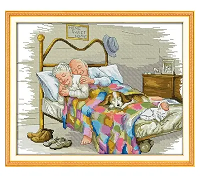 Framed Cross-Stitch Home Sweet Home Elderly Couple in Bed