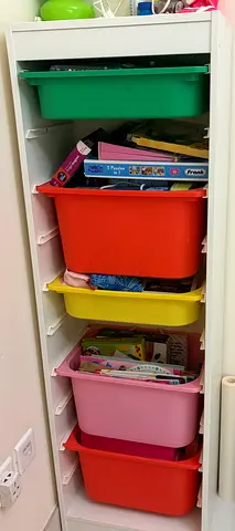 Tall Slim Storage Unit with 5 Coloured  Pull-Out Bins