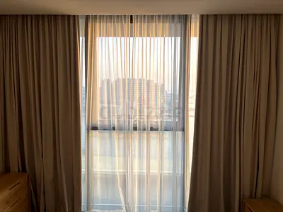 Beige blackout curtains with sheer panels - set for living room or bedroom