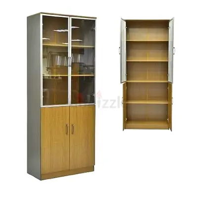Tall Storage Cabinet with Glass Display Top and Wooden Base