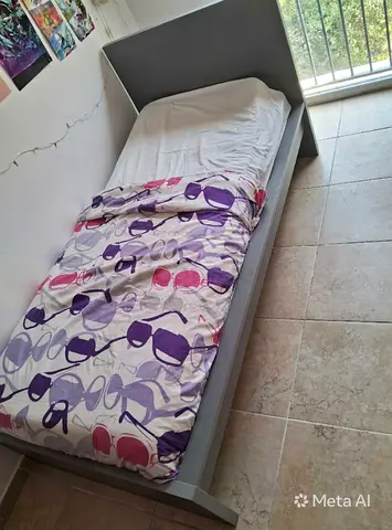 Single grey platform bed frame with headboard - good condition
