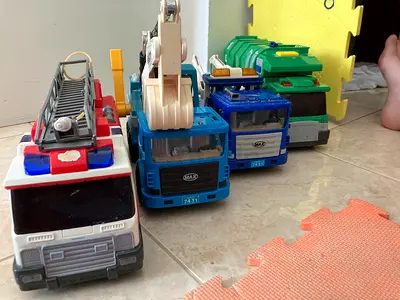 Set of 4 Large Toy Trucks (Fire Truck, Crane, Dump Truck, Garbage Truck) - Used