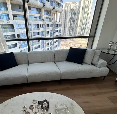 Light grey 3-seater modern sofa with navy cushions 335 cm