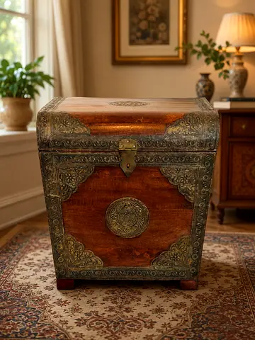 Marina Handmade Hand Craved Storage Box For Blanket |  Traditional Trunk Accent Table