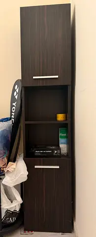 Tall narrow storage cabinet with shelves and doors - dark wood finish
