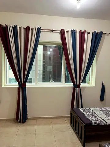 Set of Double-Panel Eyelet Curtains - Blue, Maroon  Beige Stripes
