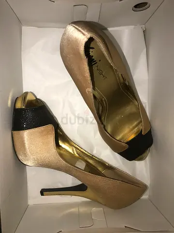 Gold and Black Peep-Toe High Heels - Size Unspecified, Good Condition