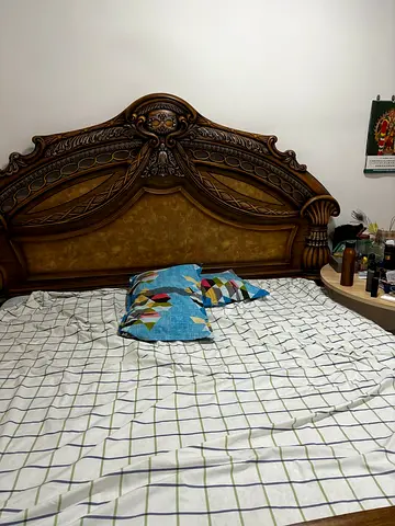 Large Ornate Wooden King Bed with Carved Headboard