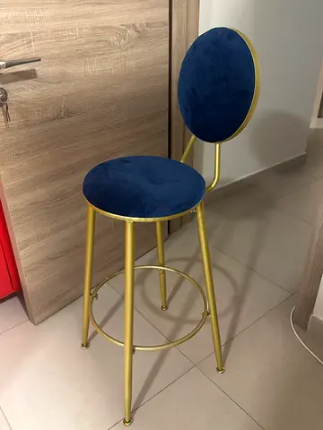 Gold Frame Velvet Counter Bar Stool - Blue, Perfect Condition - Removable back