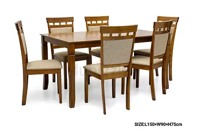 Solid Wood 6-Seater Dining Table with Upholstered Chairs - 150x90cm