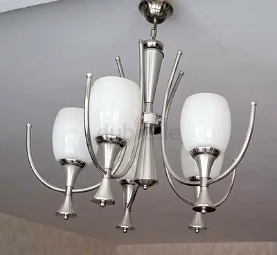 5-Arm Brushed Nickel Ceiling Chandelier with White Glass Shades