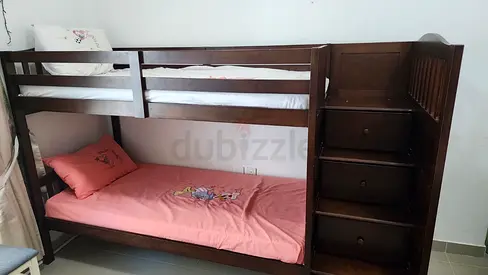 Solid wood bunk bed with built-in drawer stairs - good condition