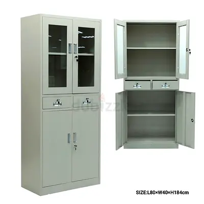Metal Office Storage Cabinet with Glass Upper Doors and Lockable Lower Cupboards - 184cm H