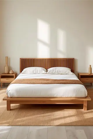 Solid Wood Platform Bed with Slatted Headboard - Queen Size