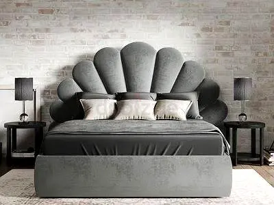 King-size upholstered bed with shell-style headboard in grey