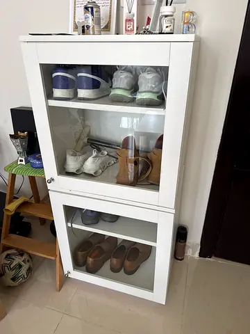 White Glass-Front Shoe Cabinet / Cupboard - 2 Sections