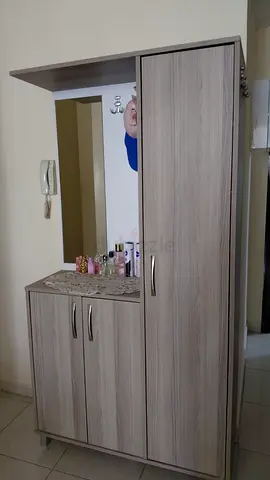 Wooden Hallway Storage Cabinet with Mirror - Light Grey