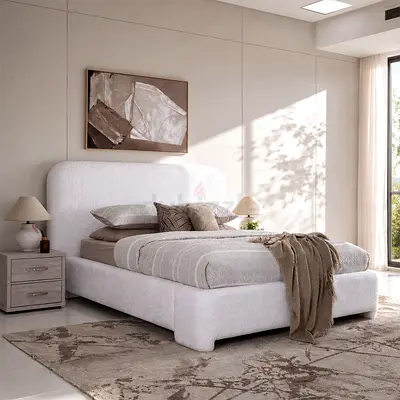 Tall headboard white boucle thick double bed