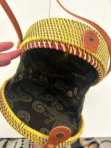 Handmade Round Woven Straw Crossbody Bag with Leather Strap