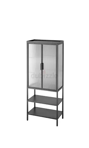 Tall metal and glass storage cabinet with open shelves