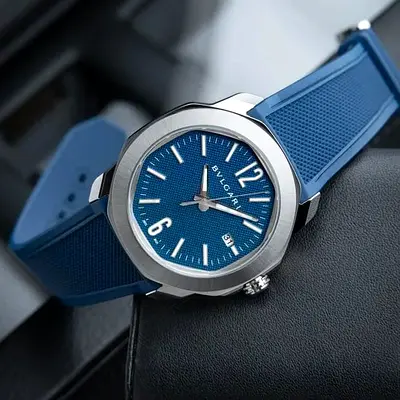 Bvlgari-style Blue Dial Mens Watch with Blue Rubber Strap