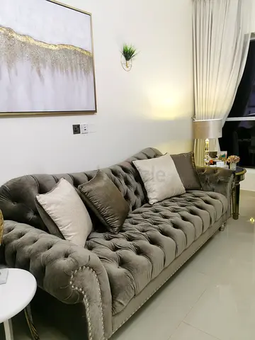 Grey Velvet Tufted 3-Seater Chesterfield Sofa with Cushions and 8 seats velvet cushion dinning table