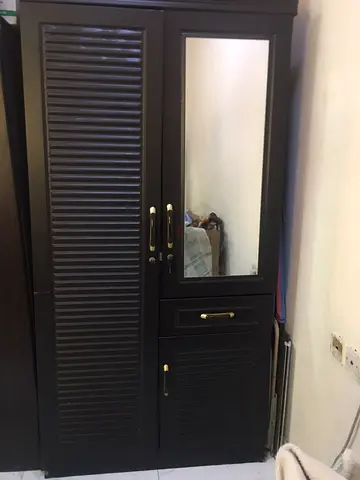 Dark Wood Two Door Wardrobe with Mirror and Drawer