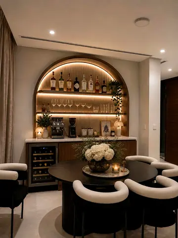 Modern Home Bar with Round Dining Table and Upholstered Stools