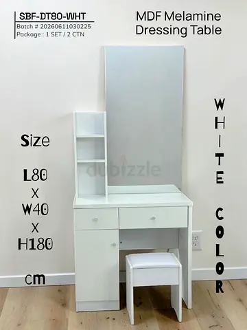 White MDF Melamine Dressing Table with Mirror and Stool - L80 x W40 x H180 cm