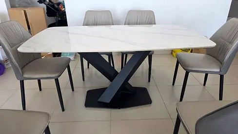 Modern 6-Seater Dining Table with Marble Top and X-Base