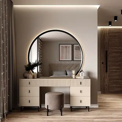 Beige Dressing Table with Round Backlit Mirror