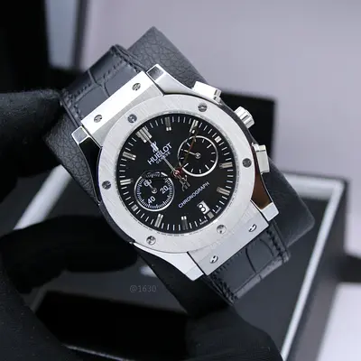 Hublot-style Mens Chronograph Watch with Black Dial and Leather Strap
