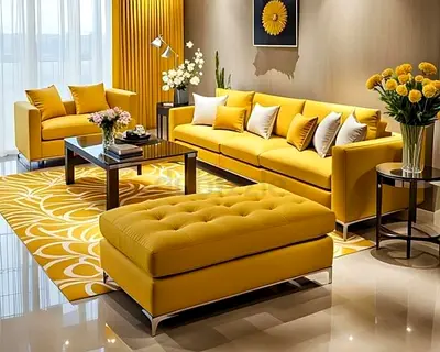 Modern Yellow Sofa Set with Ottoman and Throw Pillows