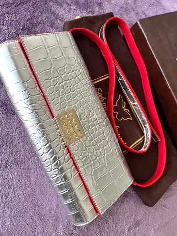 Silver Croc-Embossed Leather Crossbody Clutch with Red Trim
