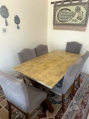 6-Seater Dining Table Set with Grey Upholstered Chairs – Good Condition