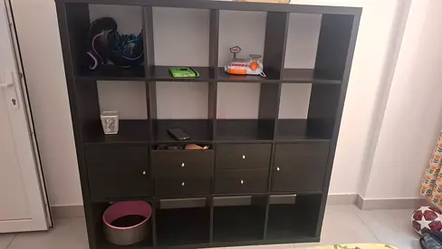 IKEA Kallax-style 16-cube shelving unit with drawers - dark brown