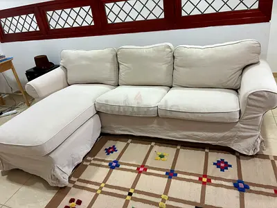 Comfortable 3-seater L-shaped Sofa with Chaise - Ivory Slipcover