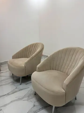Pair of Beige Velvet Accent Chairs with Cushions